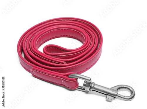 Red leather dog leash isolated on white