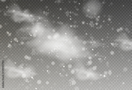 Christmas snow. Falling snowflakes on transparent background. Snowfall. Vector illustration.