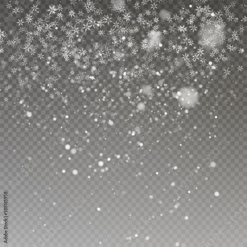 Christmas snow. Falling snowflakes on transparent background. Snowfall. Vector illustration.
