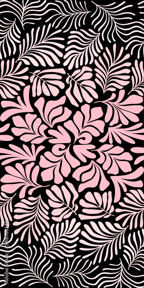 Pink black abstract background with tropical palm leaves in Matisse style. Vector seamless pattern with Scandinavian cut out elements. Pink black abstract background with tropical palm leaves in Matisse style. Vector seamless pattern with Scandinavian cut out elements.