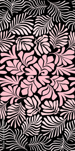 Pink black abstract background with tropical palm leaves in Matisse style. Vector seamless pattern with Scandinavian cut out elements.