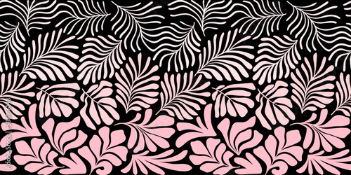 Pink black abstract background with tropical palm leaves in Matisse style. Vector seamless pattern with Scandinavian cut out elements.