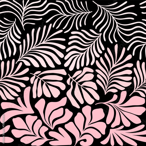 Pink black abstract background with tropical palm leaves in Matisse style. Vector seamless pattern with Scandinavian cut out elements.