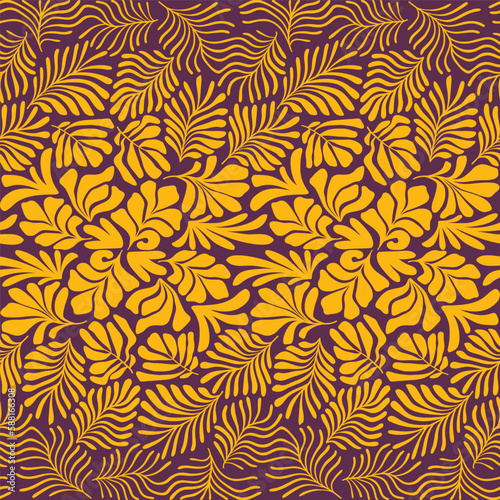 Brown yellow abstract background with tropical palm leaves in Matisse style. Vector seamless pattern with Scandinavian cut out elements.