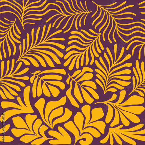 Brown yellow abstract background with tropical palm leaves in Matisse style. Vector seamless pattern with Scandinavian cut out elements.