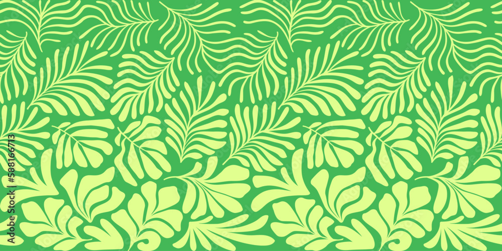 Yellow lime green abstract background with tropical palm leaves in Matisse style. Vector seamless pattern with Scandinavian cut out elements. Yellow lime green abstract background with tropical palm leaves in Matisse style. Vector seamless pattern with Scandinavian cut out elements.