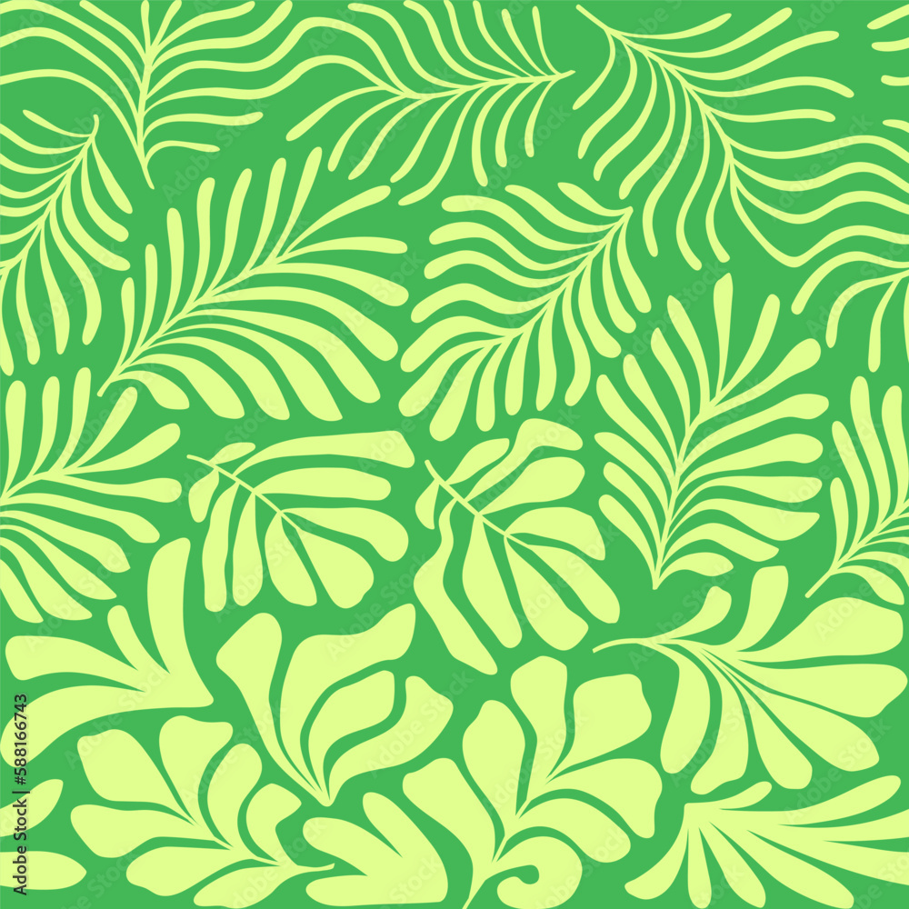 Yellow lime green abstract background with tropical palm leaves in Matisse style. Vector seamless pattern with Scandinavian cut out elements. Yellow lime green abstract background with tropical palm leaves in Matisse style. Vector seamless pattern with Scandinavian cut out elements.