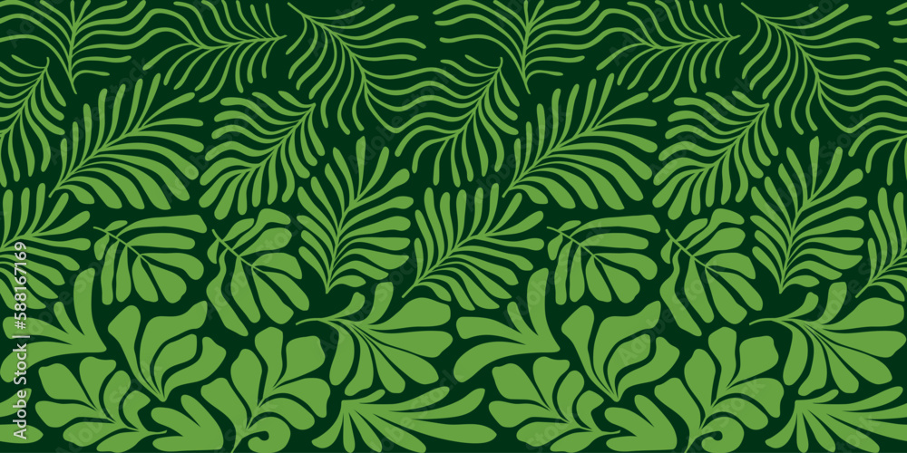 Green abstract background with tropical palm leaves in Matisse style. Vector seamless pattern with Scandinavian cut out elements. Green abstract background with tropical palm leaves in Matisse style. Vector seamless pattern with Scandinavian cut out elements.