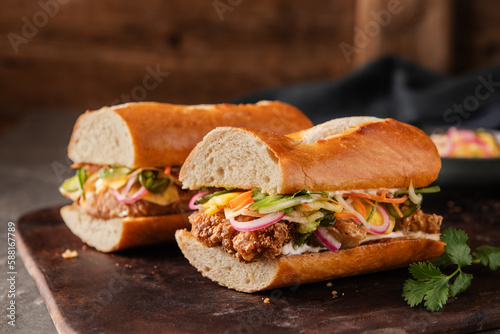 Bahn Mi sandwich with pork and pickled vegetables  photo