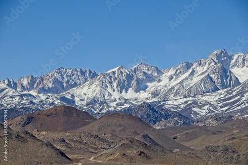 Large amounts of snow top the Sierra Nevada Mountains viewed from California's Eastern Sierra region