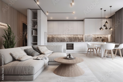 cozy living room and kitchen connected in an open floor plan. Generative AI © AkuAku