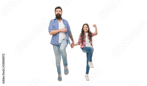 Happiness is homemade. Happy family photo shoot in studio. Man and child walk holding hands. Father and daughter enjoy happiness. Happiness and pleasure. Happiness concept. Positive state of mind