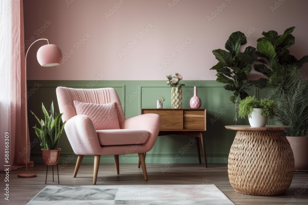 cozy living room featuring a stylish pink chair and green potted plants. Generative AI