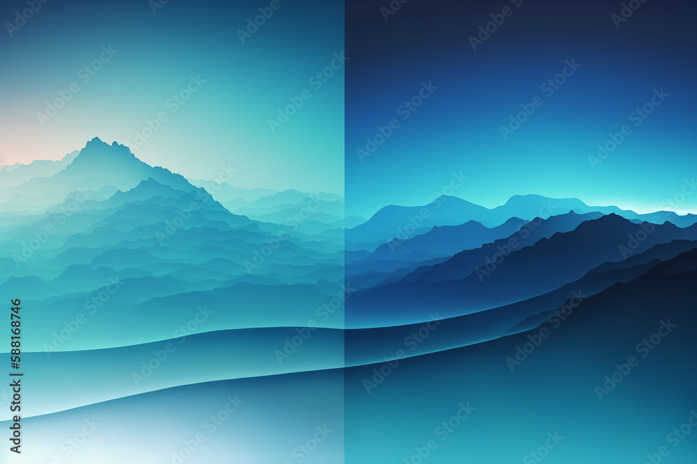 Different shades of blue gradient layered background, silhouette of mountains at a sunset. Generative AI