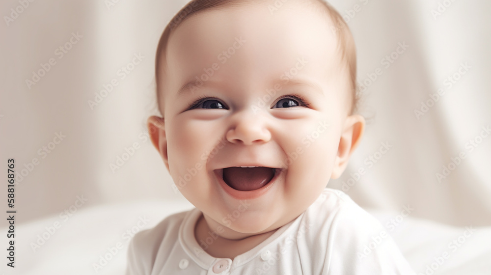 Cute sweet baby laughing closeup. Generative AI