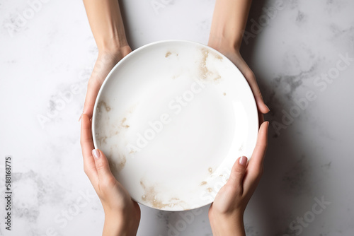 Two women holding an empty white plate with marble effect over the marble background. Generative AI
