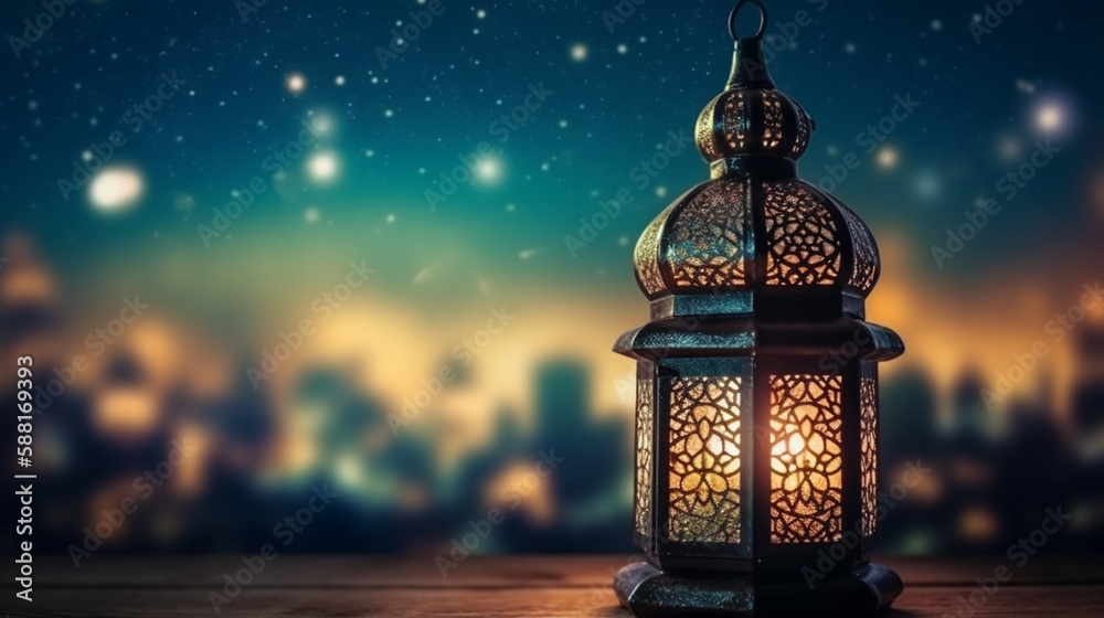 Ramadan Kareem greeting card. Arabic lantern on wooden table with blurred cityscape background, Generative Ai Ramadan Kareem greeting card. Arabic lantern on wooden table with blurred cityscape background, Generative Ai