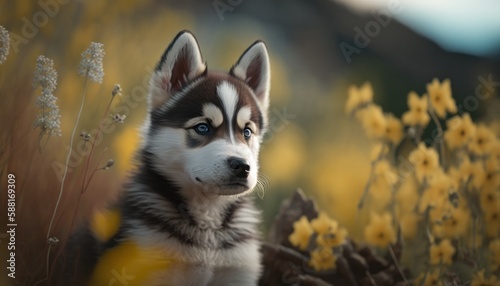 Beautiful husky baby or puppy portrait in nature generative ai