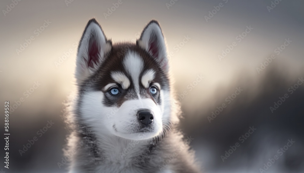 Beautiful husky baby or puppy portrait in winter nature generative ai