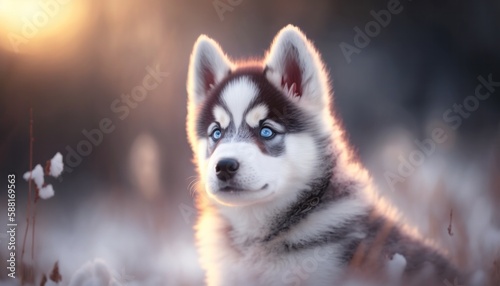 Beautiful husky baby or puppy portrait in winter nature generative ai