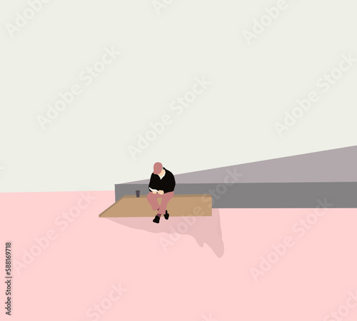 Man with pink hat reading a book and drink coffee while sitting outdoors. Old age, retirement and people concept