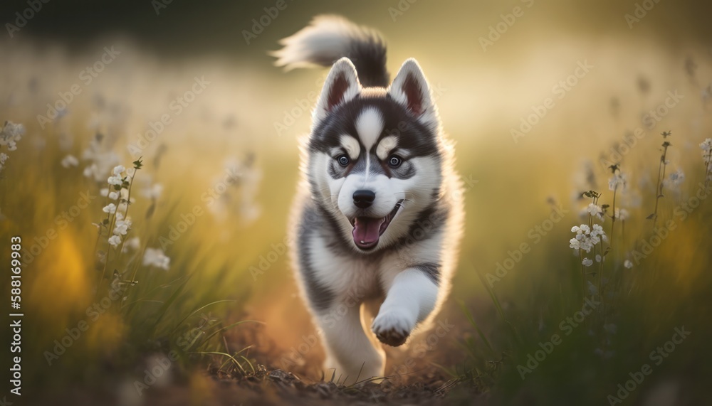 Beautiful husky baby or puppy running in nature generative ai