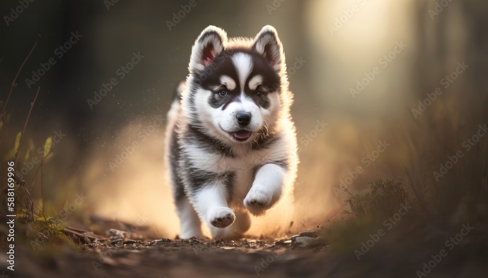 Beautiful husky baby or puppy running in nature generative ai