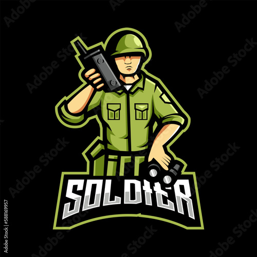 Soldier holding radio logo design illustration vector
