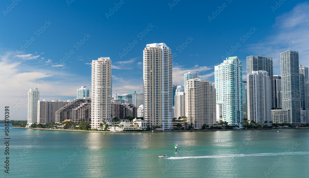 Fototapeta premium miami cityscape skyline with boat. miami cityscape skyline in florida. miami cityscape skyline
