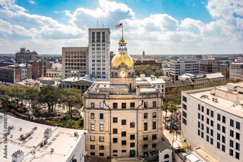 Aerial view of Savannah, Georgia city hall. Savannah is the oldest city in the U.S. state of Georgia and is the county seat of Chatham County.