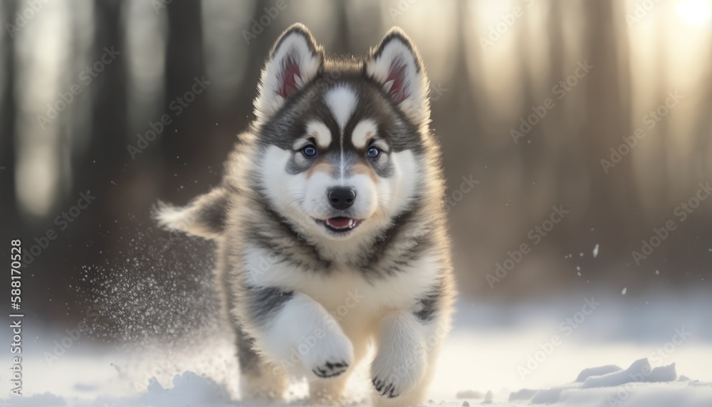 Beautiful husky baby or puppy running in winter nature generative ai