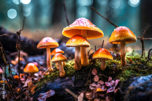 Mushrooms, colorful, psychedelic. Wondrous mushrooms in the middle of the forest, created with Generative AI technology.