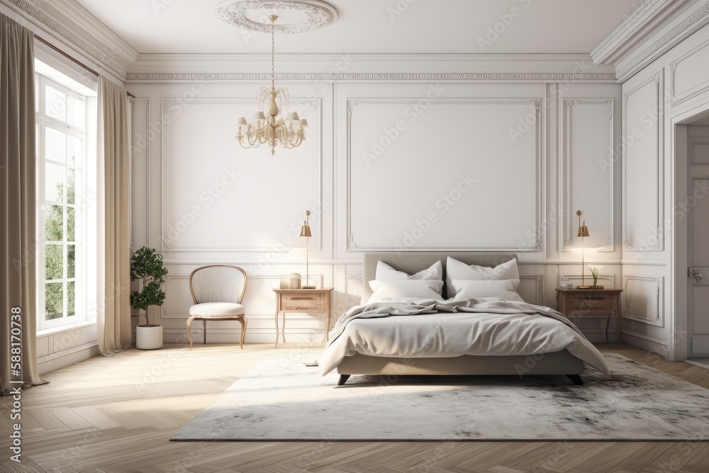 Luxurious Bedroom with a Large Bed and Elegant Chandelier. Generative AI