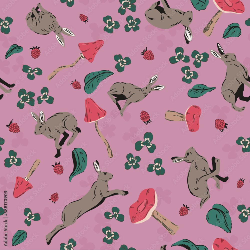 Fototapeta premium Powtarzalny leśny wzór. Zające, grzyby, maliny i koniczyna. Dzikie króliki, muchomory i krzaczki z jagodami. Ilustracja wektorowa.