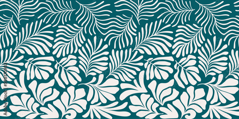 Blue green abstract background with tropical palm leaves in Matisse style. Vector seamless pattern with Scandinavian cut out elements. Blue green abstract background with tropical palm leaves in Matisse style. Vector seamless pattern with Scandinavian cut out elements.