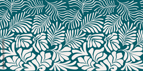 Blue green abstract background with tropical palm leaves in Matisse style. Vector seamless pattern with Scandinavian cut out elements.