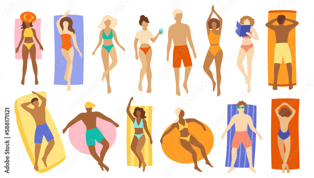 People at beach or seashore relaxing cartoon set. Women and men in swimsuit rest in various positions, swimming or sunbathing. Leisure outdoor activities, summer time beach flat vector illustration