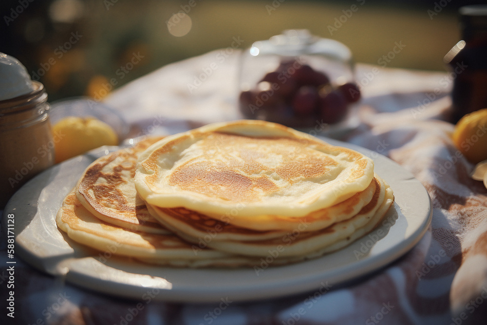 Beautiful close-up of delicious pancakes nicely decorated on a picnic blanket, made with generative AI