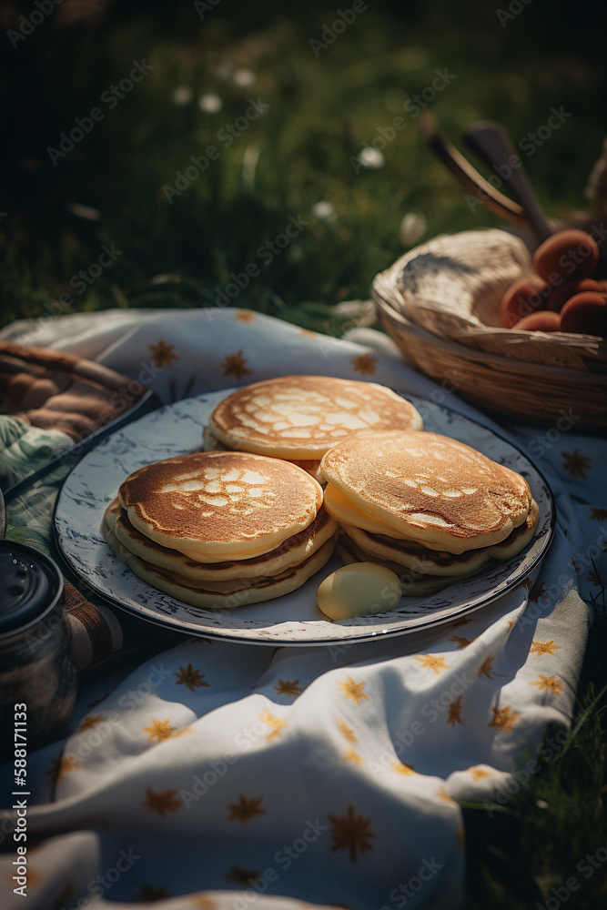Beautiful close-up of delicious pancakes nicely decorated on a picnic blanket, made with generative AI
