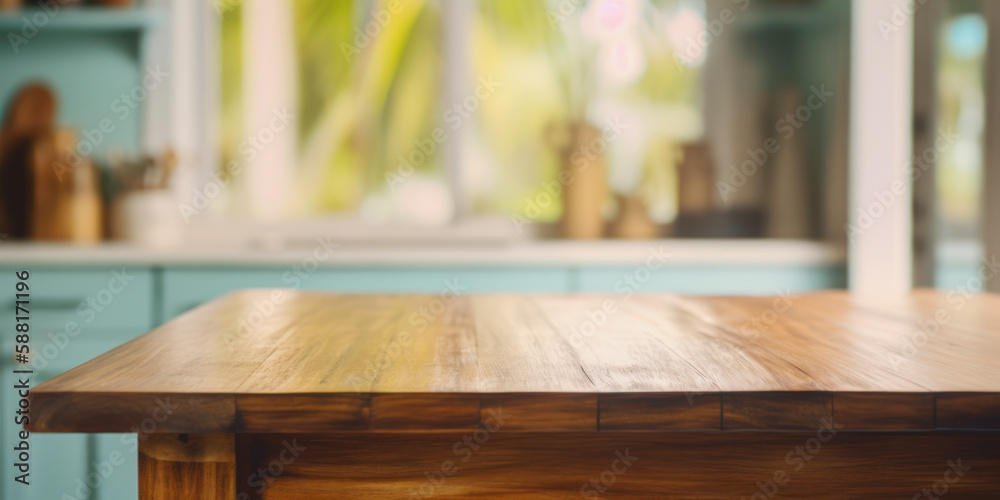 empty table top with out of focus lights and bokeh on traditional kitchen background.Generative AI empty table top with out of focus lights and bokeh on traditional kitchen background.Generative AI