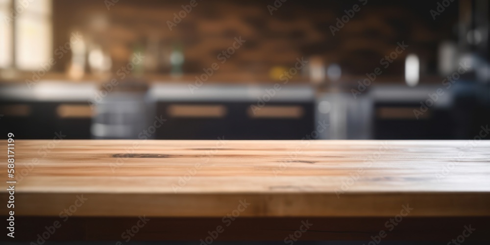 empty table top with out of focus lights and bokeh on traditional kitchen background.Generative AI
