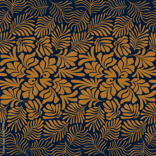 Gold abstract background with tropical palm leaves in Matisse style. Vector seamless pattern with Scandinavian cut out elements.
