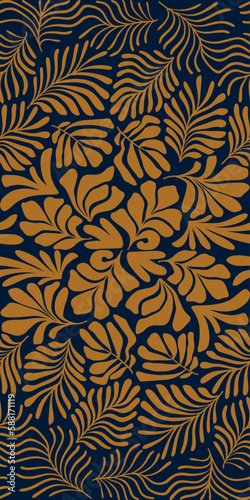 Gold abstract background with tropical palm leaves in Matisse style. Vector seamless pattern with Scandinavian cut out elements.