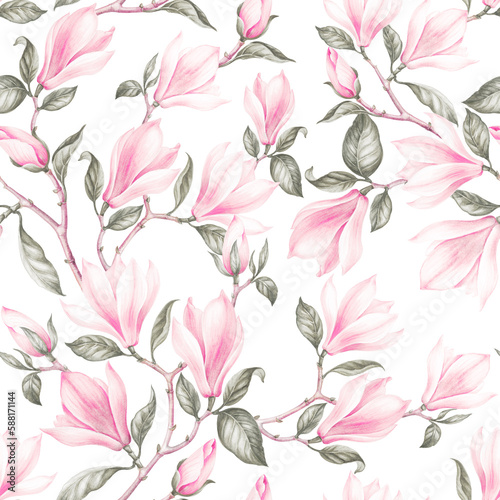 Pink floral seamless pattern. Watercolor magnolia flower © Kotkoa