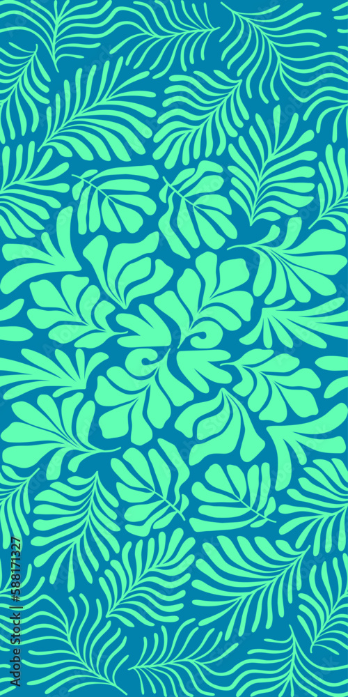 Turquoise blue abstract background with tropical palm leaves in Matisse style. Vector seamless pattern with Scandinavian cut out elements. Turquoise blue abstract background with tropical palm leaves in Matisse style. Vector seamless pattern with Scandinavian cut out elements.