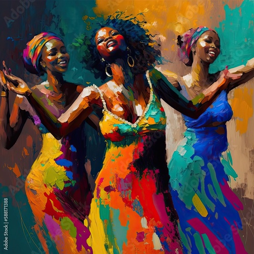 African women dancers. Joyful celebration in colorful abstract art painting.