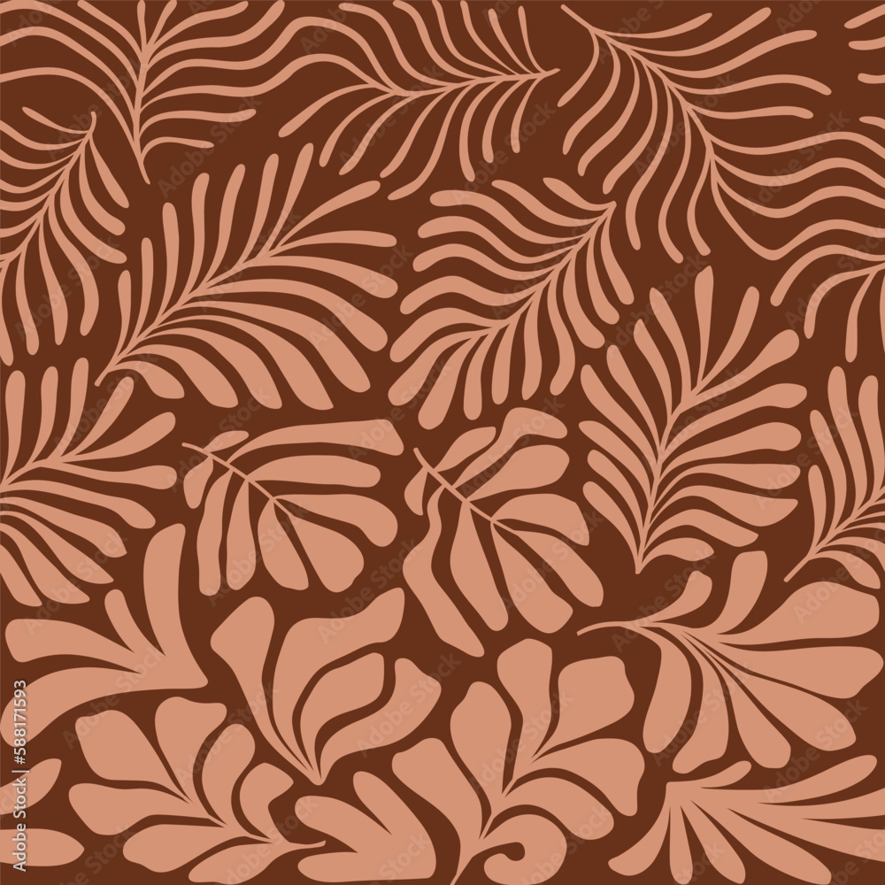 Brown abstract background with tropical palm leaves in Matisse style. Vector seamless pattern with Scandinavian cut out elements.