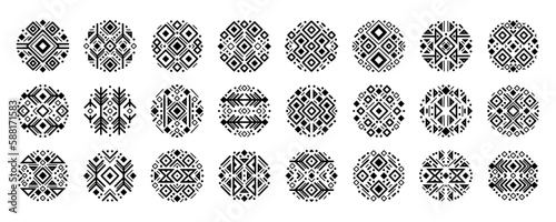 Black and white art decoration round shapes set. Vector set of tribal cover templates, decorative aztec circles, geometric ethnic shapes. 