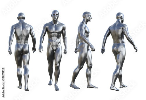3D Render : Portrait of silver, iron metal texture male dummy character is walking, PNG transparent