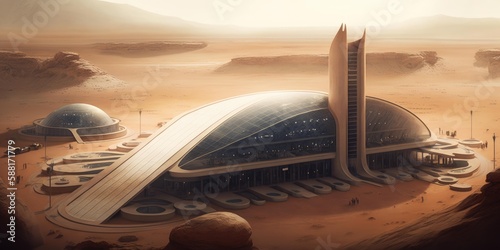 Futuristic building habitat on mars settlement from sci-fi novel. superlative generative AI image. photo